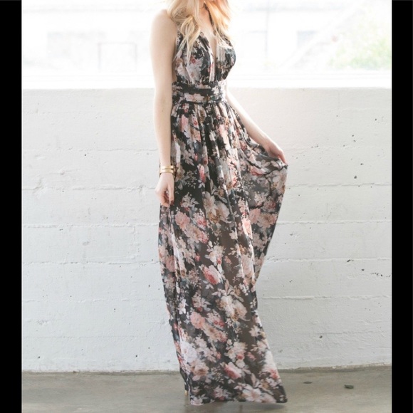Black Floral Low Neck Maxi Dress - Picture 2 of 7